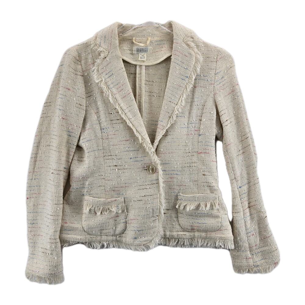 Barney's New York Nubby Tweed Jacket Blazer XS‎ Fringe Ivory Metallic Sparkle